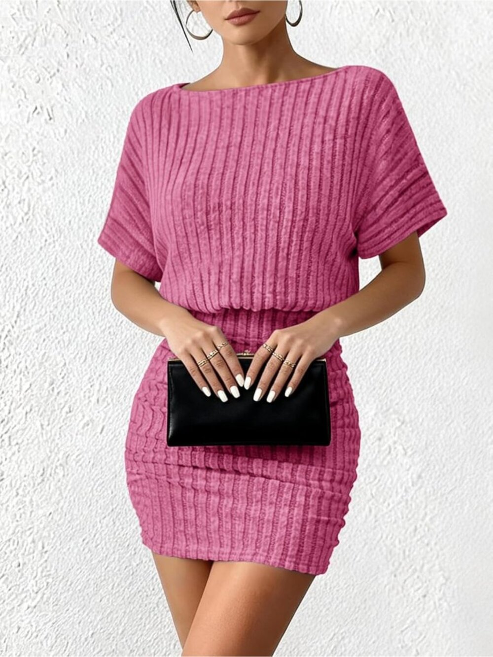 Women's Rose Red Summer Short Sleeve Sexy Ribbed Knit Party Club Mini Dress - Picture 2 of 6